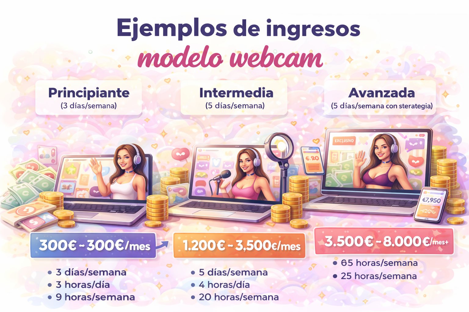 Rangos de ingresos de modelo webcam en España: principiante, intermedia y avanzada